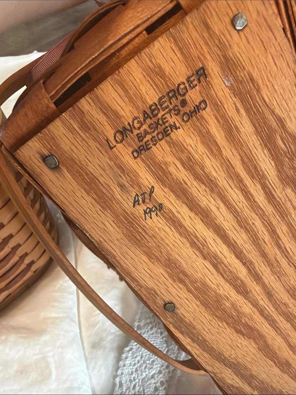 Longaberger Brown Woven Basket with Floral Navy and Cream Trim